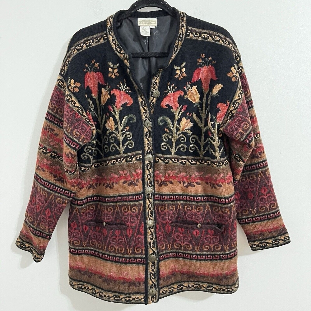 Vintage Icelandic Design Wool Floral Tribal Colorful Sweater Jacket Nordic Artsy